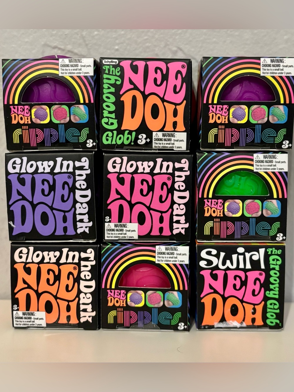 Schylling NeeDoh Glow in the Dark, Ripples & Swirl Mini Squishy Toys
